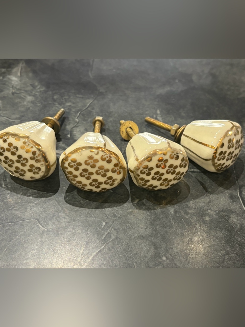 Set of 4 Ceramic Glass Chunky Cream/Beige & Gold Drawer Knobs/Pulls
